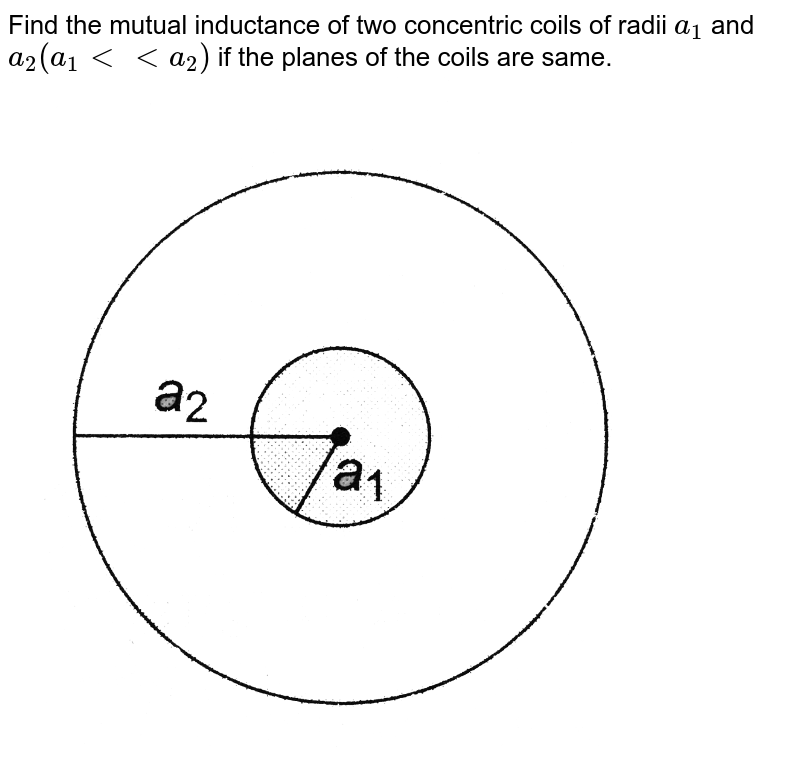 Find the mutual inductance of two concentric coils of radii `a_(1)` and `a_(2)(a_(1) lt lt a_(2))` if the planes of the coils are same. <br> <img src="https://d10lpgp6xz60nq.cloudfront.net/physics_images/BMS_V05_C04_E01_019_Q01.png" width="80%">
