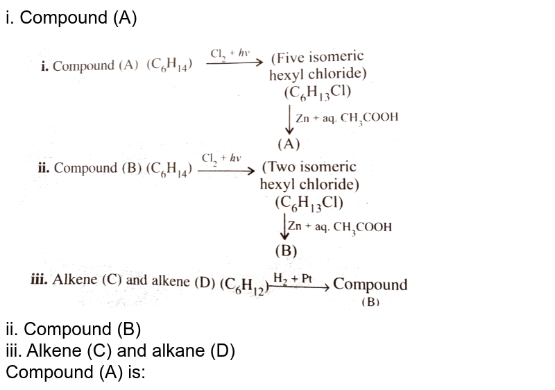 i. Compound (A) ii. Compound (B) iii. Alkene (C) and alkane (D) Compound (A) is: