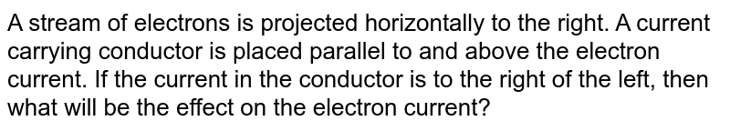 A stream of electrons is projected horizontally to the right. A current carrying conductor is placed parallel to and above the electron current. If the current in the conductor is to the right of the left, then what will be the effect on the electron current?