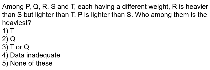 Among P, Q, R, S and T, each having a different weight, R is heavier than S but lighter than T. P is lighter than S. Who among them is the heaviest? 1) T 2) Q 3) T or Q 4) Data inadequate 5) None of these