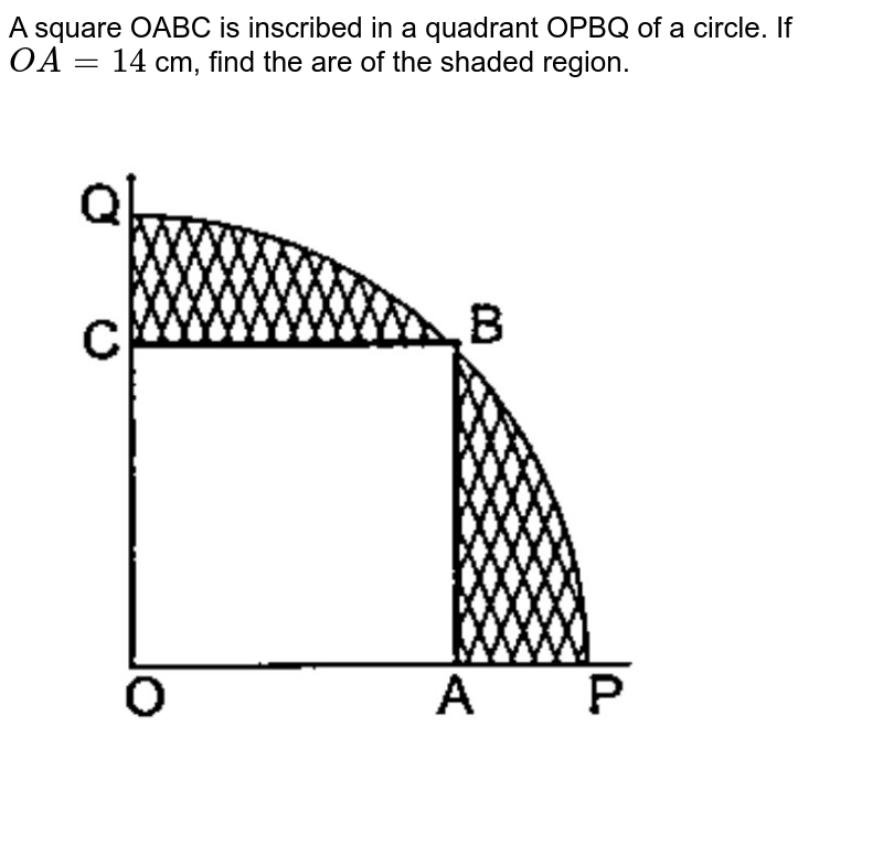 A square OABC is inscribed in a quadrant OPBQ of a circle. If `OA=14` cm, find the area of the shaded region. <img src="https://doubtnut-static.s.llnwi.net/static/physics_images/KAL_DS_MAT_X_C10_A_E01_022_Q01.png" width="80%">