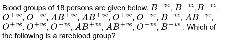 Blood groups of 18 persons are given below. B^(+ve) , B^(+ve) , B^(-ve) , O^(+ve) , O^(-ve) , AB^(+ve) , AB^(+ve) , O^(+ve) , O^(+ve) , B^(+ve) , AB^(+ve) , O^(+ve) , O^(+ve) , O^(+ve) , AB^(+ve) , AB^(+ve) , O^(+ve) , B^(+ve) : Which of the following is a rareblood group?