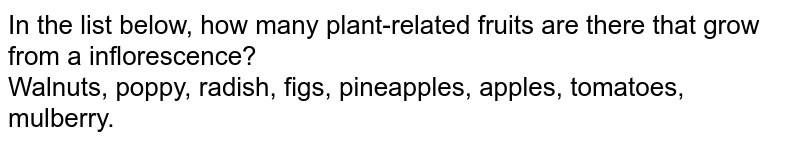 In the list below, how many plant-related fruits are there that grow from a inflorescence? Walnuts, poppy, radish, figs, pineapples, apples, tomatoes, mulberry.