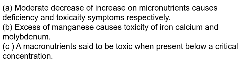 (a) Moderate decrease of increase on micronutrients causes deficiency and toxicaity symptoms respectively. (b) Excess of manganese causes toxicity of iron calcium and molybdenum. (c ) A macronutrients said to be toxic when present below a critical concentration.