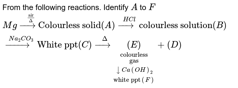From the following reactions. Identify `A` to `F` <br> `Mg overset("air"/Delta)(to)"Colourless solid" (A) overset(HCl)(to)"colourless solution"(B) overset(Na_(2)CO_(3))(to)"White ppt"(C )overset(Delta)(to)underset("white ppt"(F))underset(darrCa(OH)_(2))underset("gas")underset("colourless")((E))+(D)`