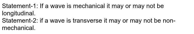 Statement-1: If a wave is mechanical it may or may not be longitudinal. Statement-2: if a wave is transverse it may or may not be non-mechanical.