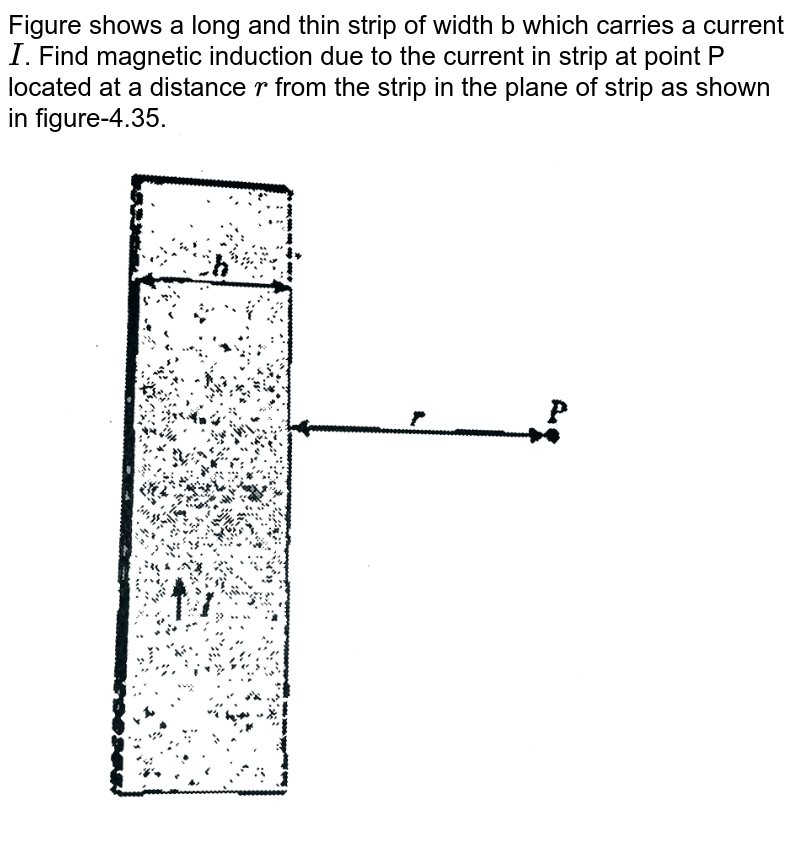 Figure shows a long and thin strip of width b which carries a current `I`. Find magnetic induction due to the current in strip at point P located at a distance `r` from the strip in the plane of strip as shown in figure-4.35.  <br> <img src="https://d10lpgp6xz60nq.cloudfront.net/physics_images/GAL_PHY_V03B_MEAC_C04_E01_009_Q01.png" width="80%">