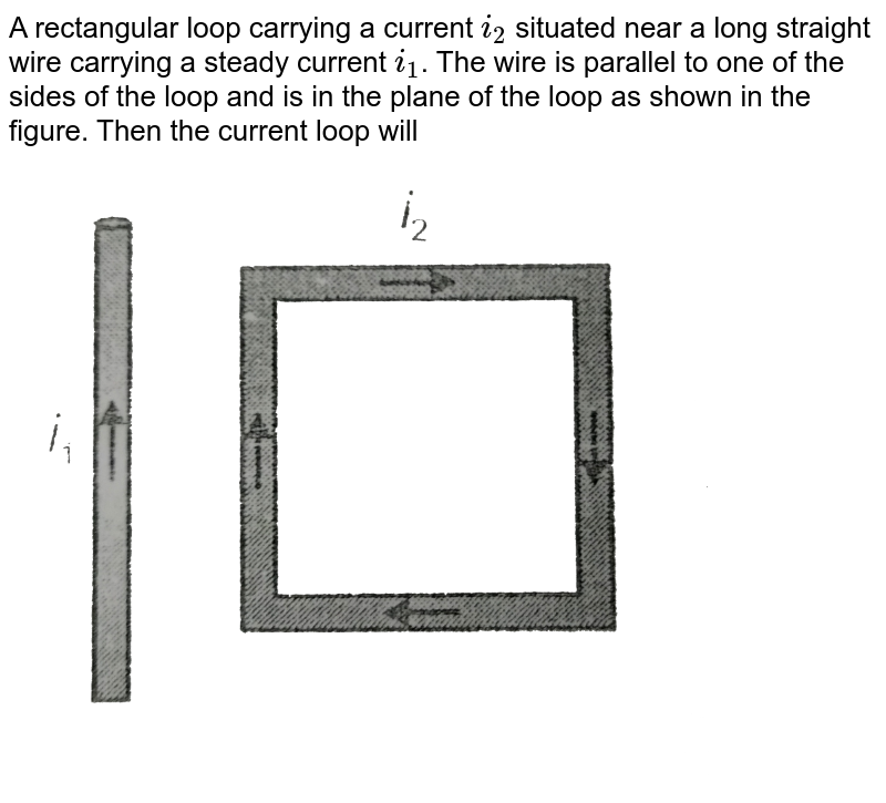 A rectangular loop carrying a current `i_(2)` situated near a long straight wire carrying a steady current `i_(1)`. The wire is parallel to one of the sides of the loop and is in the plane of the loop as shown in the figure. Then the current loop will <br> <img src="https://d10lpgp6xz60nq.cloudfront.net/physics_images/AAK_T6_PHY_C17_E02_037_Q01.png" width="80%">