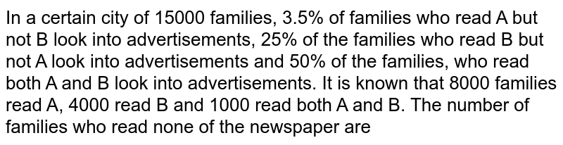  In a certain city of 15000 families, 3.5% of families who read A but not B look into advertisements, 25% of the families who read B but not A look into advertisements and 50% of the families, who read both A and B look into advertisements. It is known that 8000 families read A, 4000 read B and 1000 read both A and B. The number of families who read none of the newspaper are