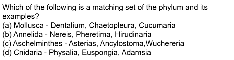 Which of the following is a matching set of the phylum and its examples? (a) Mollusca - Dentalium, Chaetopleura, Cucumaria (b) Annelida - Nereis, Pheretima, Hirudinaria (c) Aschelminthes - Asterias, Ancylostoma,Wuchereria (d) Cnidaria - Physalia, Euspongia, Adamsia