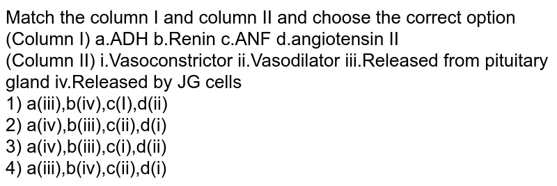 Match the column I and column II and choose the correct option (Column I) a.ADH b.Renin c.ANF d.angiotensin II (Column II) i.Vasoconstrictor ii.Vasodilator iii.Released from pituitary gland iv.Released by JG cells 1) a(iii),b(iv),c(I),d(ii) 2) a(iv),b(iii),c(ii),d(i) 3) a(iv),b(iii),c(i),d(ii) 4) a(iii),b(iv),c(ii),d(i)