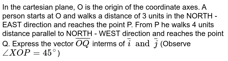 In the cartesian plane, O is the origin of the coordinate axes. A person starts at O and walks a distance of 3 units in the NORTH - EAST direction and reaches the point P. From P he walks 4 units distance parallel to NORTH - WEST direction and reaches the point Q. Express the vector `bar(OQ)` interms of `bar(i) and bar(j)` (Observe `angleXOP=45^(@)`)