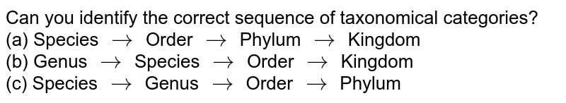Can you identify the correct sequence of taxonomical categories ? a) Species, Order, Division, Kingdom b) Genus, Species, Order, Kingdom c) Species, Genus, Order, Phylum
