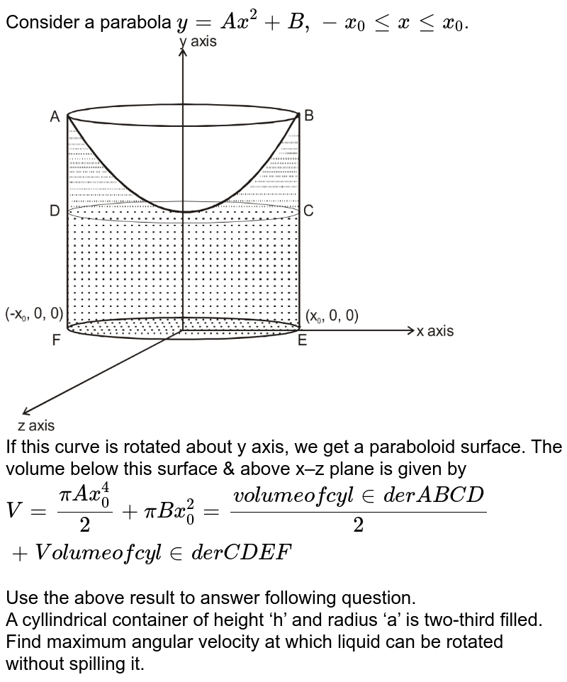 Consider A Parabola Y Ax 2 B X 0 Le X Le X 0 If This Curve Is Rotated About Y Axis We Get A Paraboloid Surface The Volume Below This Surface Above X Z Plane Is