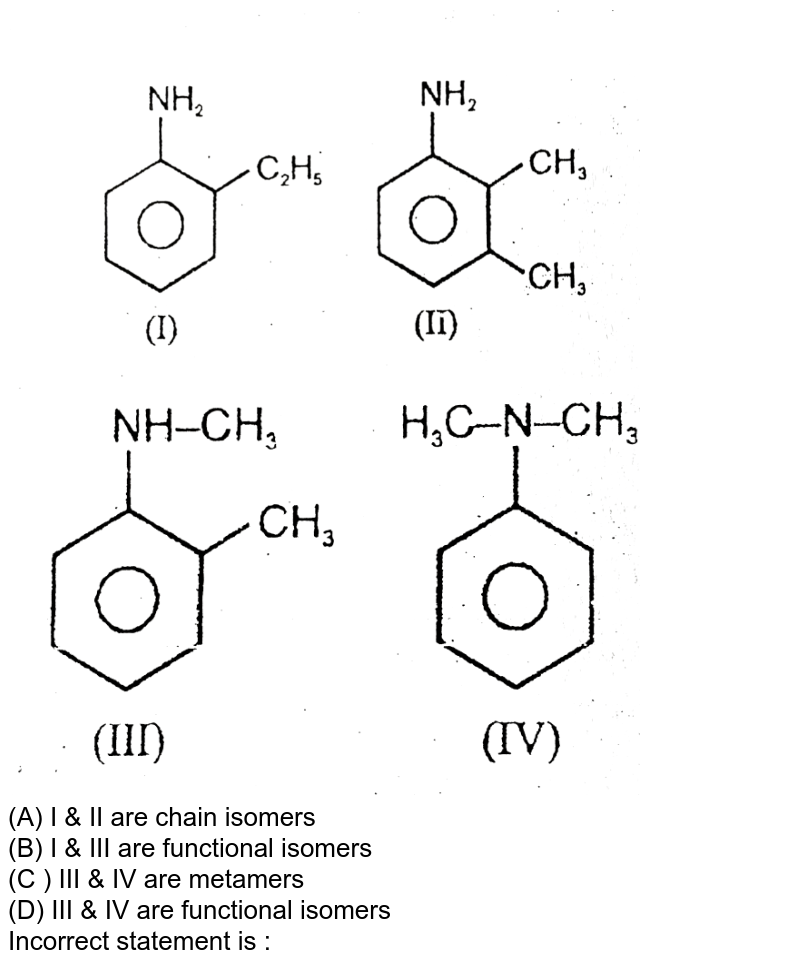 (A) I & II are chain isomers (B) I & III are functional isomers (C ) III & IV are metamers (D) III & IV are functional isomers Incorrect statement is :
