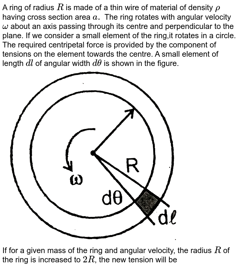 A ring of radius `R` is made of a thin wire of material of density `rho` having cross section area `a.` The ring rotates with angular velocity `omega` about an axis passing through its centre and perpendicular to the plane. If we consider a small element of the ring,it rotates in a circle. The required centripetal force is provided by the component of tensions on the element towards the centre. A small element of length `dl` of angular width `d theta` is shown in the figure. <br> <img src="https://d10lpgp6xz60nq.cloudfront.net/physics_images/RES_PHY_DPP_54_XI_E01_442_Q01.png" width="80%"> <br> If for a given mass of the ring and angular velocity, the radius `R` of the ring is increased to `2R`, the new tension will be 