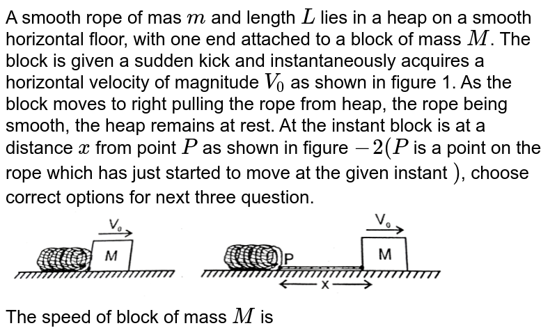A smooth rope of mas `m` and length `L` lies in a heap on a smooth horizontal floor, with one end attached to a block of mass `M`. The block is given a sudden kick and instantaneously acquires a horizontal velocity of magnitude `V_(0)` as shown in figure 1. As the block moves to right pulling the rope from heap, the rope being smooth, the heap remains at rest. At the instant block is at a distance `x` from point `P` as shown  in figure `-2( P` is a point on the rope which has just started to move at the given instant `)`, choose correct options for next three question. <br> <img src="https://d10lpgp6xz60nq.cloudfront.net/physics_images/RES_PHY_DPP_61_XI_E01_496_Q01.png" width="80%"> <br> The speed of block of mass `M` is 