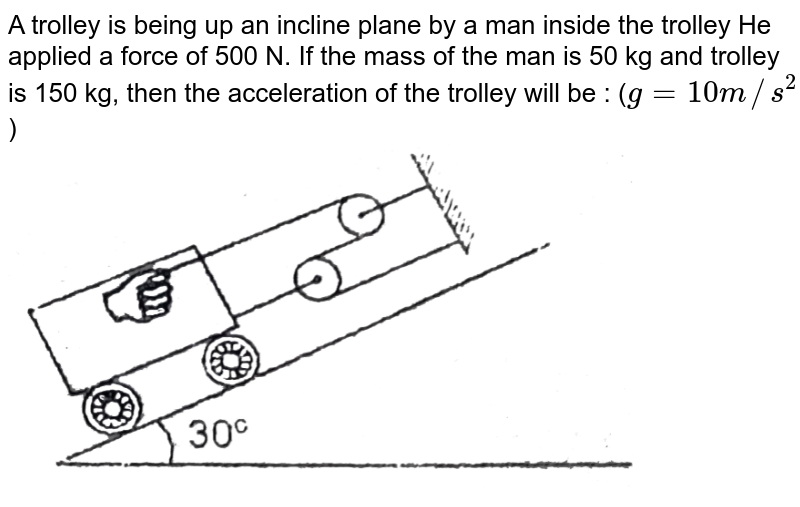 A trolley is being up an incline plane by a man inside the trolley He applied a force of 500 N. If the mass of the man is 50 kg and trolley is 150 kg, then the acceleration of the trolley will be : ( g = 10 m//s^(2) )