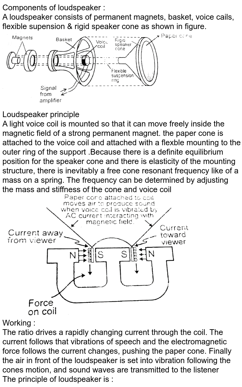 Components of loudspeaker : <br> A loudspeaker consists of permanent magnets, basket, voice cails, flexible supension & rigid speaker cone as shown in figure. <br> <img src="https://d10lpgp6xz60nq.cloudfront.net/physics_images/RES_DPP_PHY_XII_E01_1014_Q01.png" width="80%"> <br> Loudspeaker principle <br> A light voice coil is mounted so that it can move freely inside the magnetic field of a strong permanent magnet. the paper cone is attached to the voice coil and attached with a flexble mounting to the outer ring of the support .Because there is a definite equilibrium position for the speaker cone and there is elasticity of the mounting structure, there is inevitably a free cone resonant frequency like of a mass on a spring. The frequency can be determined by adjusting the mass and stiffness of the cone and voice coil <br> <img src="https://d10lpgp6xz60nq.cloudfront.net/physics_images/RES_DPP_PHY_XII_E01_1014_Q02.png" width="80%"> <br> Working : <br> The ratio drives a rapidly changing current through the coil. The current follows that vibrations of speech and the electromagnetic force follows the current changes, pushing the paper cone. Finally the air in front of the loudspeaker is set into vibration following the cone's motion, and sound waves are transmitted to the listener <br> The principle of loudspeaker is : 