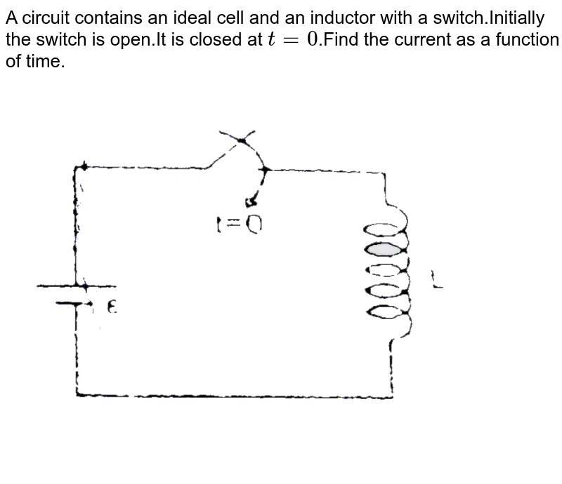 A circuit contains an ideal cell and an inductor with a switch. Initially, the switch is open. It is closed at `t = 0`. Find the current as a function of time. <br> <img src="https://d10lpgp6xz60nq.cloudfront.net/physics_images/BMS_V05_C04_E01_013_Q01.png" width="80%"> 