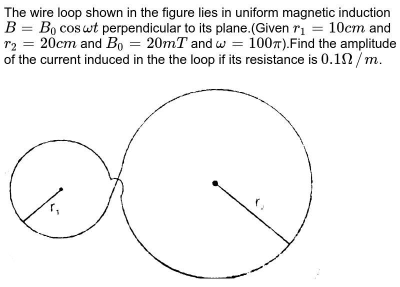 The wire loop shown in the figure lies in uniform magnetic induction `B=B_(0) cos omega t ` perpendicular to its plane.(Given `r_(1)=10 cm` and `r_(2)=20 cm` and `B_(0)=20 mT` and `omega=100 pi`).Find the amplitude of the current induced in the the loop if its resistance is `0.1 Omega//m`. <br> <img src="https://d10lpgp6xz60nq.cloudfront.net/physics_images/RES_ELE_PHY_V02_XII_C02_E01_228_Q01.png" width="80%">