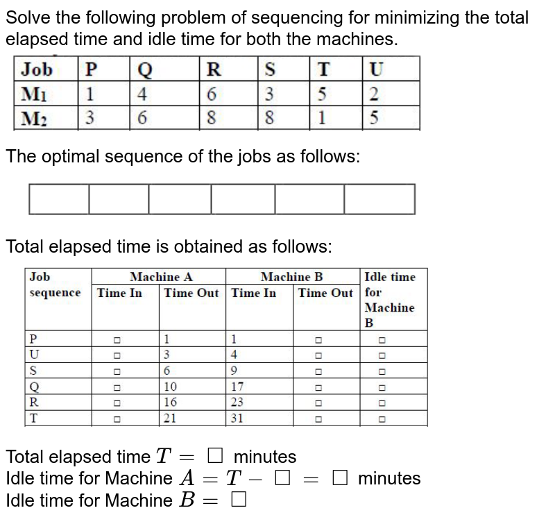 Solve the following problem of sequencing for minimizing the total elapsed time and idle time for both the machines. The optimal sequence of the jobs as follows: Total elapsed time is obtained as follows: Total elapsed time T = square minutes Idle time for Machine A = T- square = square minutes Idle time for Machine B = square