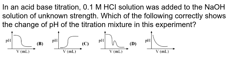 In an acid base titration, 0.1 M HCI solution was added to the NaOH solution of unknown strength. Which of the following correctly shows the change of pH of the titration mixture in this experiment? <br> <img src="https://d10lpgp6xz60nq.cloudfront.net/physics_images/VMC_JEE_REV_TST_11_E02_009_Q01.png" width="80%">