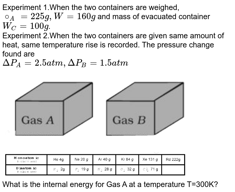 Experiment 1.When the two containers are weighed, `@_A = 225 g, W = 160 g` and mass of evacuated container `W_C = 100 g`.  <br> Experiment 2.When the two containers are given same amount of heat, same temperature rise is recorded. The pressure change found are  <br> `Delta P_A = 2.5 atm, Delta P_B = 1.5 atm`  <br> <img src="https://d10lpgp6xz60nq.cloudfront.net/physics_images/VMC_PHY_XI_WOR_BOK_03_C10_E03_010_Q01.png" width="80%"><br> <img src="https://d10lpgp6xz60nq.cloudfront.net/physics_images/VMC_PHY_XI_WOR_BOK_03_C10_E03_010_Q02.png" width="80%">


<br>What is the internal energy for Gas A at a temperature T=300K?