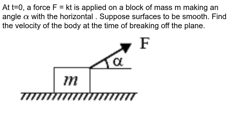 At t=0, a force F = kt is applied on a block of mass m making an angle `alpha` with the horizontal . Suppose surfaces to be smooth. Find the velocity of the body at the time of breaking off the plane. <br> <img src="https://d10lpgp6xz60nq.cloudfront.net/physics_images/VMC_XI_PHY_WB_02_C04_E03_012_Q01.png" width="80%">