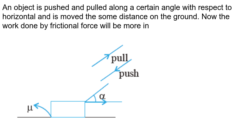 An object is pushed and pulled along a certain angle with respect to horizontal and is moved the some distance on the ground. Now the work done by frictional force will be more in