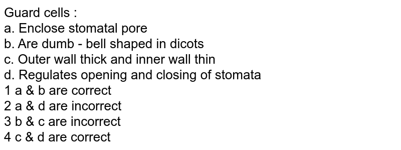Guard cells : a. Enclose stomatal pore b. Are dumb - bell shaped in dicots c. Outer wall thick and inner wall thin d. Regulates opening and closing of stomata 1 a & b are correct 2 a & d are incorrect 3 b & c are incorrect 4 c & d are correct