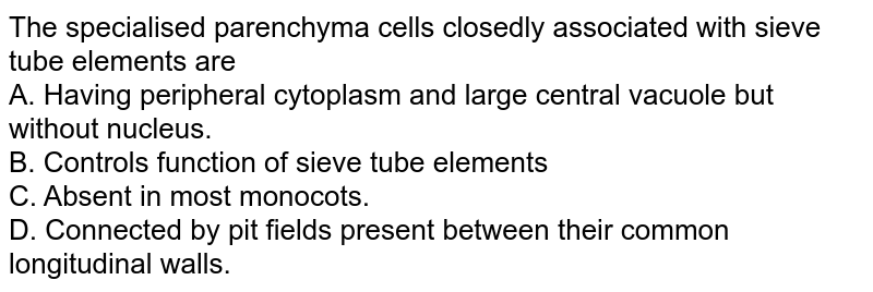The specialised parenchyma cells closedly associated with sieve tube elements are  <br> A. Having peripheral cytoplasm and large central vacuole but without nucleus. <br> B. Controls function of sieve tube elements <br> C. Absent in most monocots. <br> D. Connected by pit fields present between their common longitudinal walls.