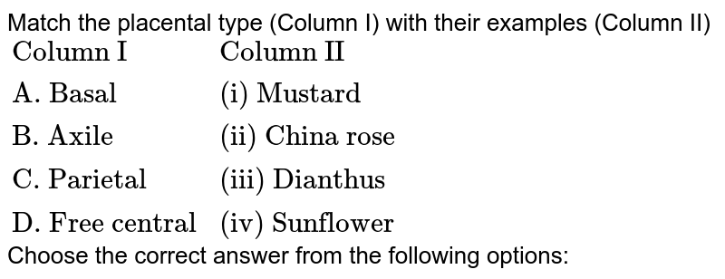 Match the placental type (Column I) with their examples (Column II) {:("Column I", "Column II"),("A. Basal", "(i) Mustard"),("B. Axile", "(ii) China rose"),("C. Parietal", "(iii) Dianthus"),("D. Free central", "(iv) Sunflower"):} Choose the correct answer from the following options: