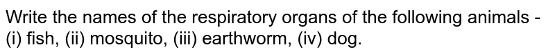 Write the names of the respiratory organs of the following animals - (i) fish, (ii) mosquito, (iii) earthworm, (iv) dog.