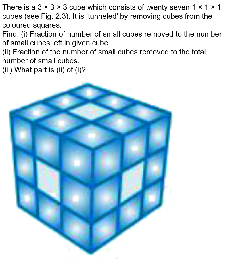 There is a 3 × 3 × 3 cube which consists of twenty seven 1 × 1 × 1 cubes (see Fig. 2.3). It is ‘tunneled’ by removing cubes from the coloured squares. Find: (i) Fraction of number of small cubes removed to the number of small cubes left in given cube. (ii) Fraction of the number of small cubes removed to the total number of small cubes. (iii) What part is (ii) of (i)?