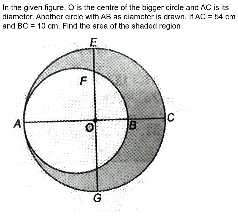 In the given figure, O is the centre of the bigger circle and AC is its diameter. Another circle with AB as diameter is drawn. If AC = 54 cm and BC = 10 cm. Find the area of the shaded region <br> <img src="https://d10lpgp6xz60nq.cloudfront.net/physics_images/NTN_MATH_X_C12_E01_052_Q01.png" width="80%">