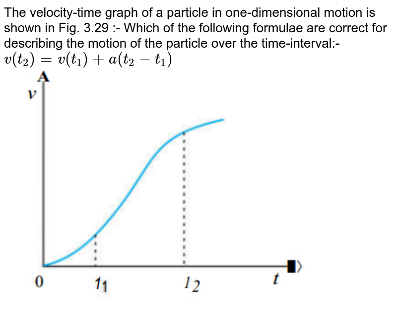 The velocity-time graph of a particle in one-dimensional motion is shown in Fig. 3.29 :- Which of the following formulae are correct for describing the motion of the particle over the time-interval:- `v(t_2)=v(t_1) + a (t_2 - t_1)` <br><img src="https://doubtnut-static.s.llnwi.net/static/physics_images/PSEB_PHY_XI_P1_C03_E02_010_Q01.png" width="80%">