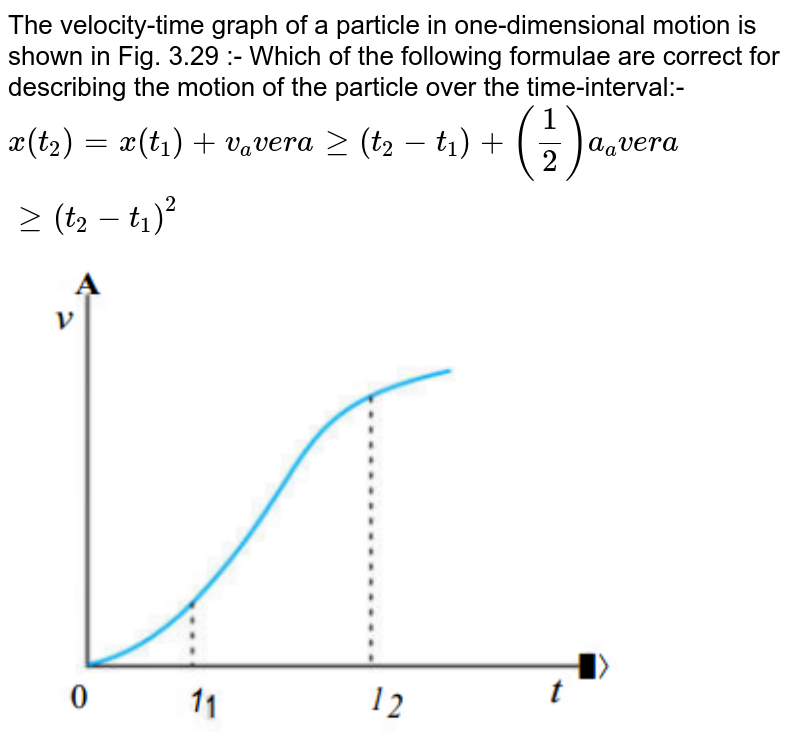 The velocity-time graph of a particle in one-dimensional motion is shown in Fig. 3.29 :- Which of the following formulae are correct for describing the motion of the particle over the time-interval:- `x(t_2)=x(t_1)+v_average(t_2-t_1)+(1/2) a_average(t_2-t_1)^2`<br><img src="https://doubtnut-static.s.llnwi.net/static/physics_images/PSEB_PHY_XI_P1_C03_E02_013_Q01.png" width="80%">