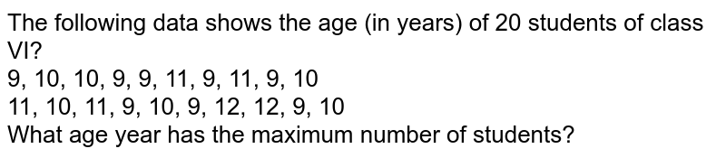 The following data shows the age (in years) of 20 students of class VI? 9, 10, 10, 9, 9, 11, 9, 11, 9, 10 11, 10, 11, 9, 10, 9, 12, 12, 9, 10 What age year has the maximum number of students?