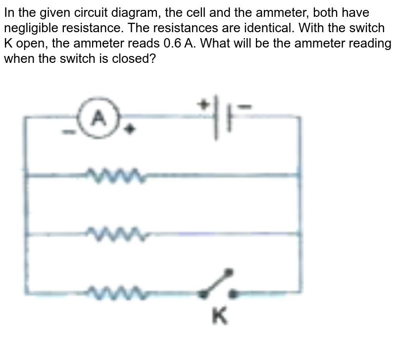 When switch S is open the ammeter in the circuit shown reads 2.0