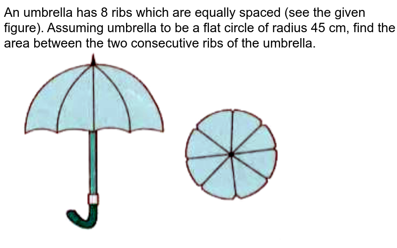 An umbrella has 8 ribs which are equally spaced see figure. Assumi