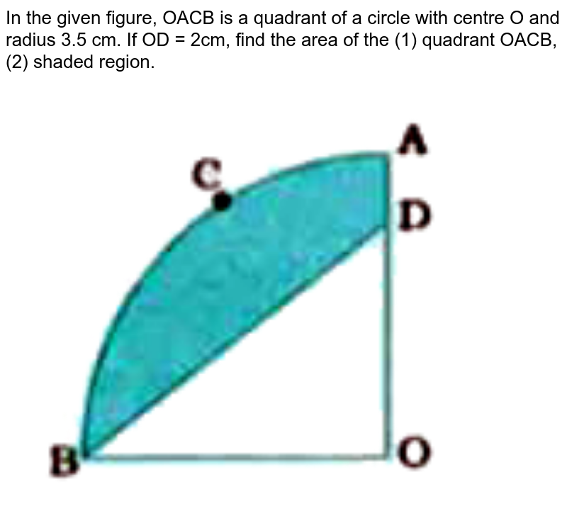 In the given figure, OACB is a quadrant of a circle with centre O and radius 3.5 cm. If OD = 2cm, find the area of the (1) quadrant OACB, (2) shaded region. <br> <img src="https://doubtnut-static.s.llnwi.net/static/physics_images/NVT_MAT_X_P2_C12_E03_012_Q01.png" width="80%">
