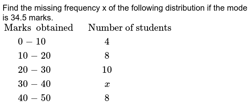 Find the missing frequency x of the following distribution  if the mode is 34.5 marks. <br>  `{:("Marks  obtained ","Number of students "),("  "0-10,"   "4),("  "10-20,"   "8),("  "20-30,"  "10),("  "30-40,"   "x),("  "40-50,"   "8):}` 