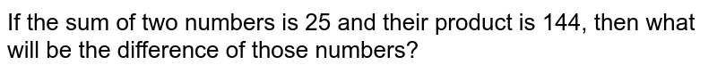 If the sum of two numbers is 25 and their product is 144, then what will be the difference of those numbers?