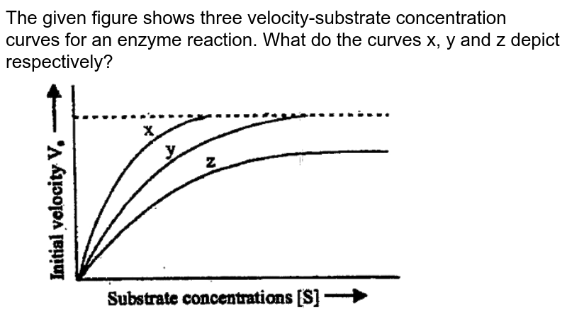The given figure shows three velocity-substrate concentration curves for an enzyme reaction. What do the curves x, y and z depict respectively?