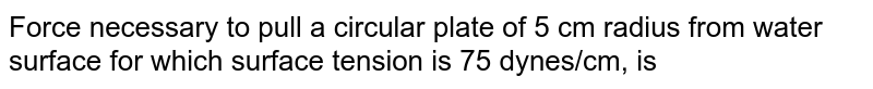 Force necessary to pull a circular plate of 5 cm radius from water surface for which surface tension is 75 dynes/cm, is