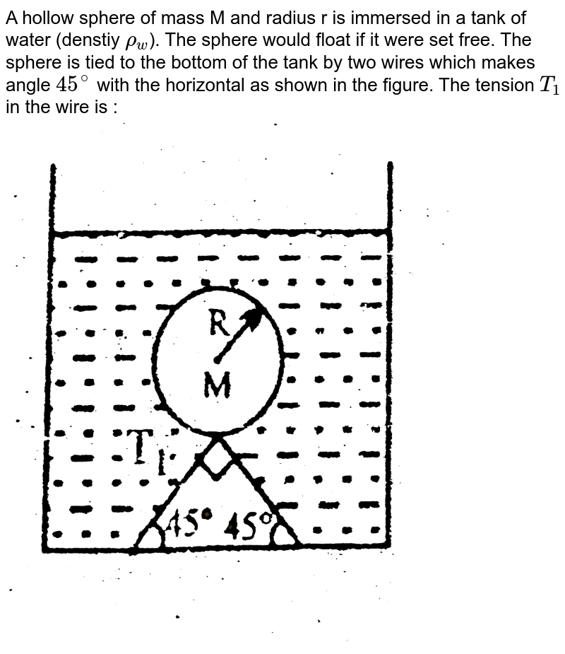 A hollow sphere of mass M and radius r is immersed in a tank of water (denstiy `rho_(w)`). The sphere would float if it were set free. The sphere is tied to the bottom of the tank by two wires which makes angle `45^(@)` with the horizontal as shown in the figure. The tension `T_(1)` in the wire is : <br> <img src="https://d10lpgp6xz60nq.cloudfront.net/physics_images/BSL_FM_E01_081_Q01.png" width="80%">