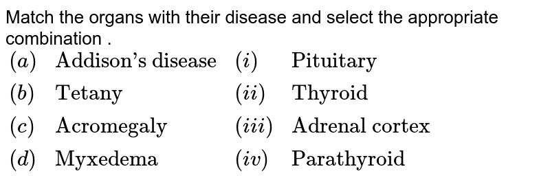 Match the organs with their disease and select the appropriate combination . {:((a),"Addison's disease",(i),"Pituitary"),((b),"Tetany",(ii),"Thyroid"),((c),"Acromegaly",(iii),"Adrenal cortex"),((d),"Myxedema",(iv),"Parathyroid"):}