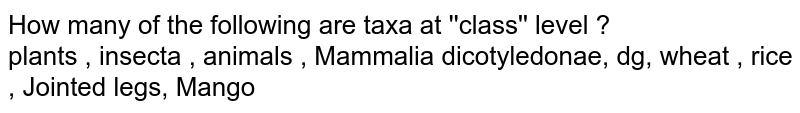 How many of the following are taxa? Dogs, Cats, Mammals, Wheat, Rice, Plant, Wood, Mango, Leaves, Jointed legs.