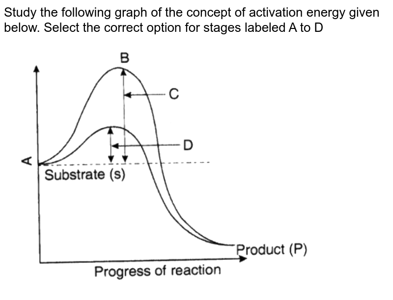 Study the following graph of the concept of activation energy given below. Select the correct option for stages labeled A to D (a) {:(A,B,C,D),("Transition state","Potential energy", "Activation energy without enzyme","Activation energy with enzyme"):} (b) {:(A,B,C,D),("kinetic energy","Potential energy", "Activation energy without enzyme","Activation energy with enzyme"):} (c) {:(A,B,C,D),("kinetic energy","Transition energy", "Activation energy without enzyme","Activation energy with enzyme"):} (d) {:(A,B,C,D),("Potential energy","Transition energy", "Activation energy without enzyme","Activation energy with enzyme"):}